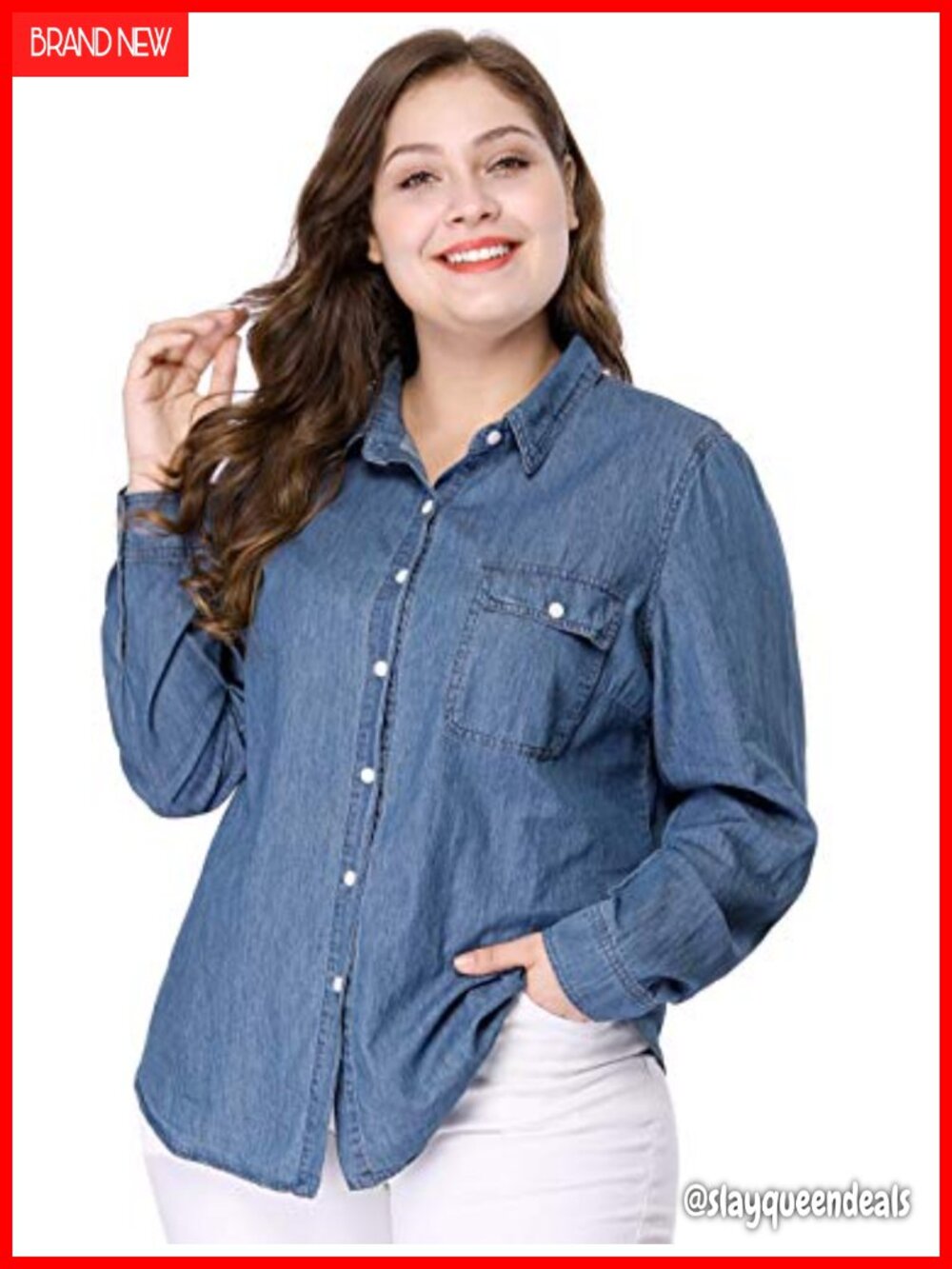 Plus Size Long Sleeve Button Down Chambray Shirt Cotton Blend